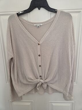 American Eagle Light Taupe Waffle-Knit Button Top